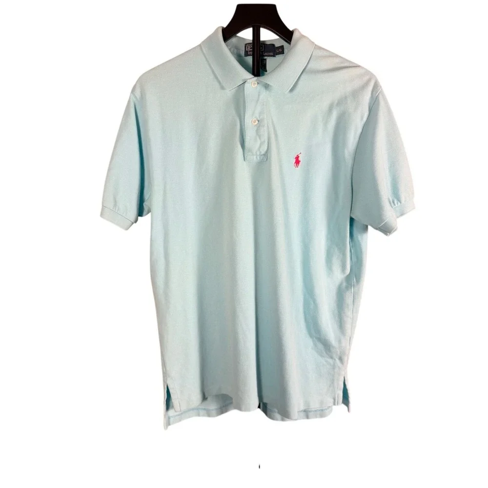 Polo Ralph Lauren Mens Large Light Blue Short Sleeve Pique Polo‎ Shirt Red Pony